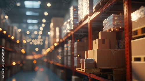 Brightly lit warehouse interior with stacked boxes and pallets during early e...