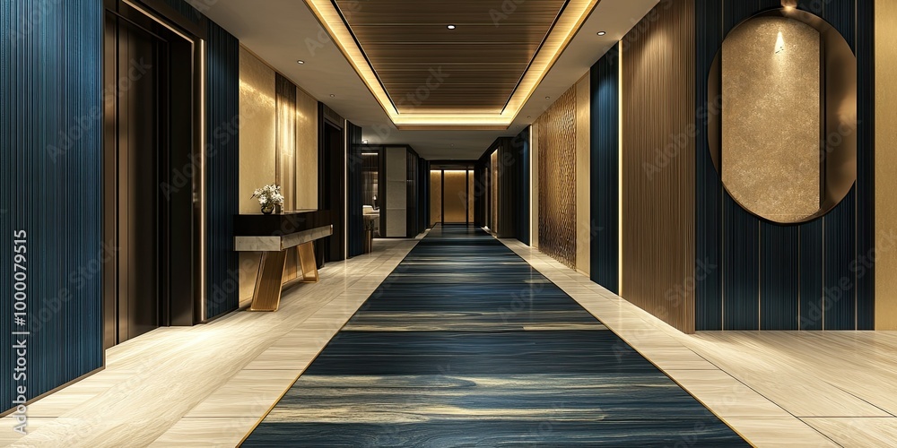 Fototapeta premium blue and cream modern hotel hallway design with futuristic black and gold palette and elegant wooden texture floor 