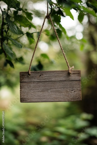 Rustic wooden sign hanging in a forest with blurred greenery in the background