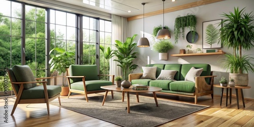 Serene Green Oasis Modern Living Room Interior with Inviting Green Sofa, Natural Light, and Tranquil Ambiance for Home Decor Inspiration and Relaxation