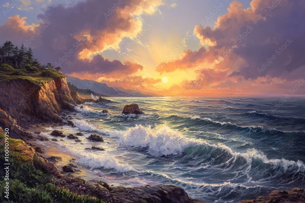 Fototapeta premium Coastal Sunset with Crashing Waves and a Dramatic Sky