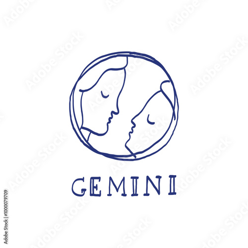 Gemini zodiac sign. Hand drawn sketch. Blue pen or marker drawing. Astrological calendar, zodiacal round. Vector horoscope