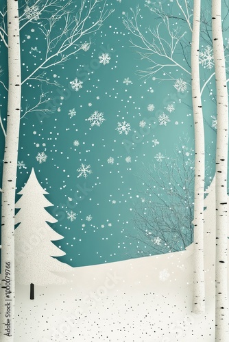 Winter wonderland with white trees and snowflakes against a blue background i...