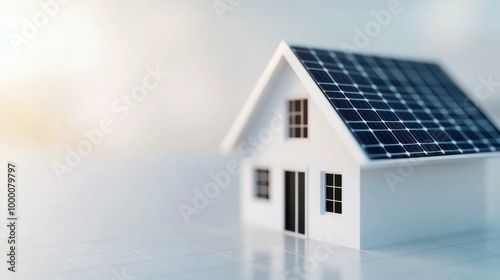 Modern white house with solar panels surrounded by greenery on a bright day