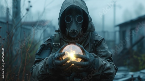 Stalker in uniform and gas mask holds a glowing anomaly in his hands. AI generative. photo