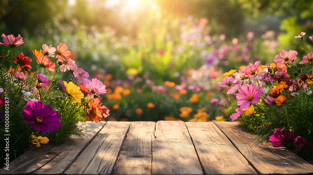 Fototapeta premium wooden table; empty table; nature background; flower field; sunny day; wildflowers; outdoor scene; summer; rustic; wood texture; sunlight; countryside; natural setting; table surface; landscape; rural