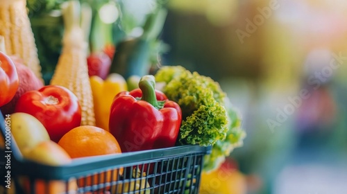 Freshly harvested fruits and vegetables in a wicker basket on a sunny garden ...