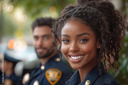 Joyful Unity Among Police Officers Celebrating Diversity and Community Engagement in Dark Blue Uni
