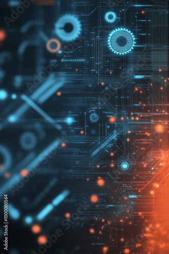 Abstract circuit board with glowing gears illustrating technology and innovat...