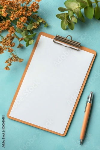 Blank clipboard and pens on a turquoise background for creative note-taking