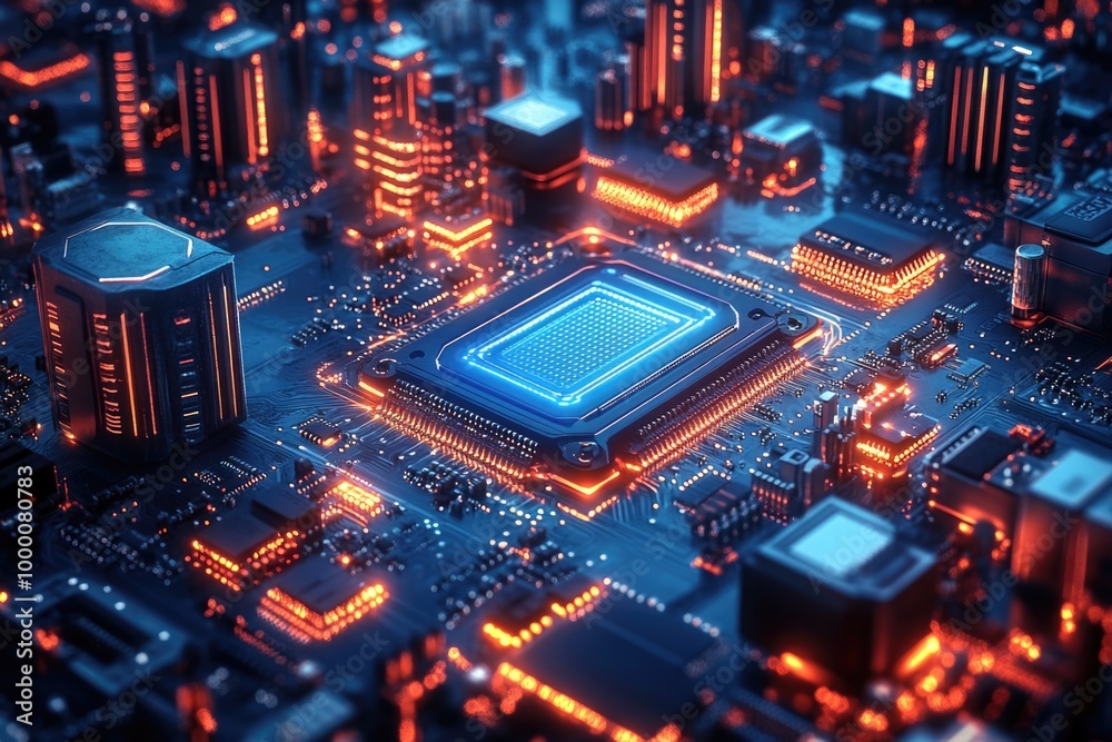 Intricate Circuit Board Illuminated by Blue and White LED Lights in Stunning Close-Up View Intricate Circuit Board Illuminated by Blue and White LED Lights in Stunning Close-Up View