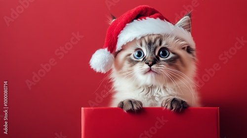 Cute kitten wearing a Santa hat peeking out of a red gift box against a festi...