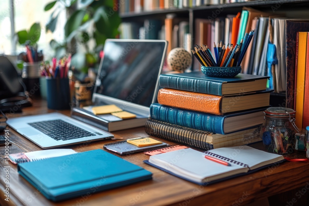 A Student's Organized Study Space at Home Featuring a Desk with Computer Textbooks and Stationery A Student's Organized Study Space at Home Featuring a Desk with Computer Textbooks and Stationery