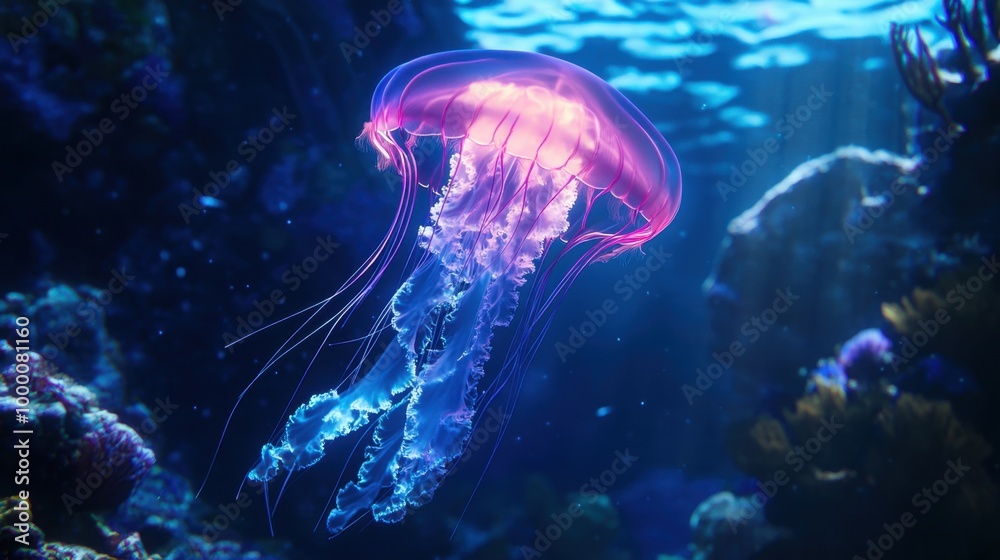 A glowing jellyfish with iridescent tentacles swims elegantly near a coral reef, bathed in oceanic light. A glowing jellyfish with iridescent tentacles swims elegantly near a coral reef, bathed in oceanic light.