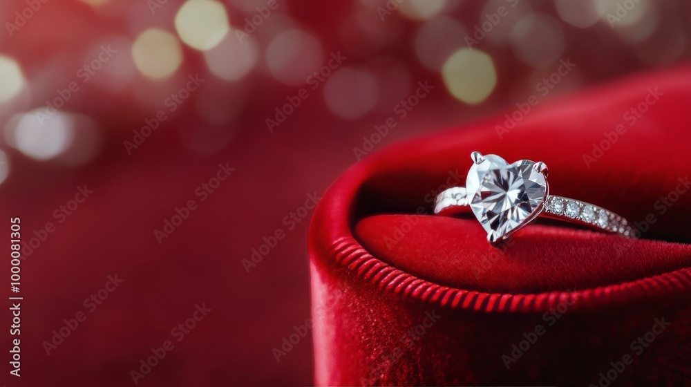 Elegant heart-shaped diamond ring displayed in a luxurious red velvet box for a romantic proposal Elegant heart-shaped diamond ring displayed in a luxurious red velvet box for a romantic proposal
