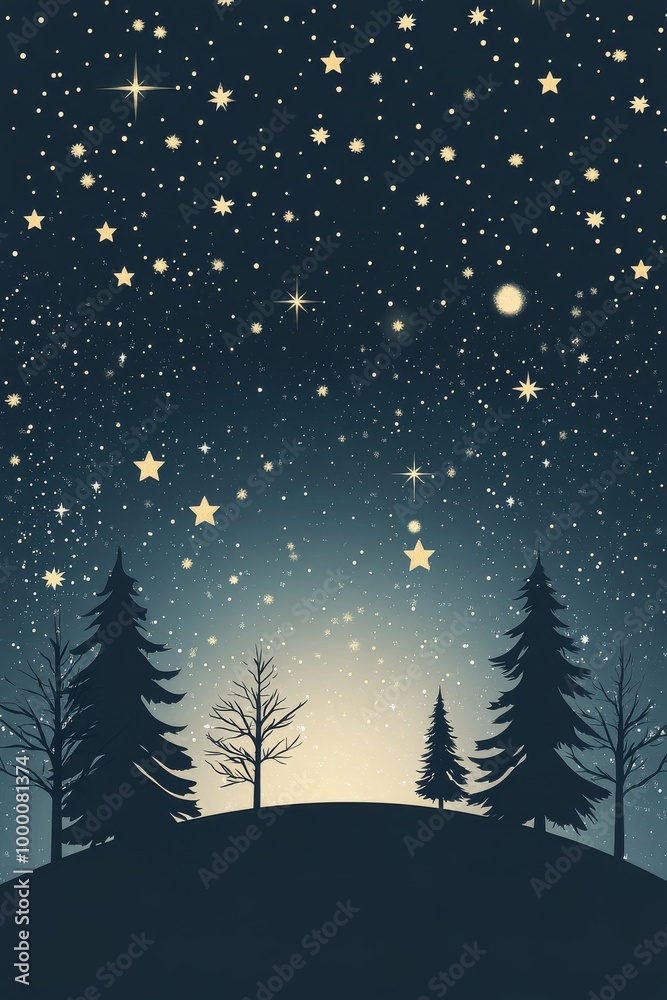 Fototapeta premium Starry night sky with full moon over dark mountains and evergreen forest during twilight