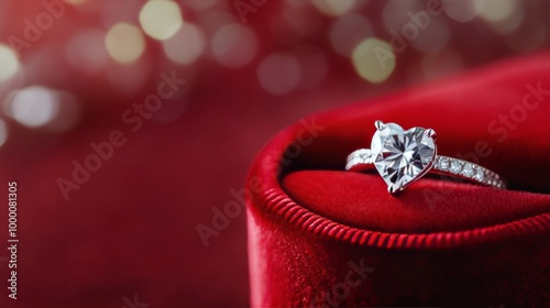 Elegant heart-shaped diamond ring displayed in a luxurious red velvet box for...
