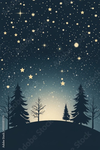 Starry night sky with full moon over dark mountains and evergreen forest duri...