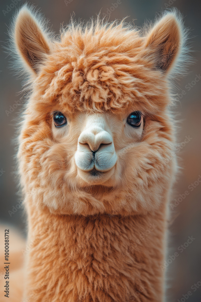 Fototapeta premium A portrait of a fluffy alpaca, isolated on a pastel pink background, with its curious expression and soft wool,