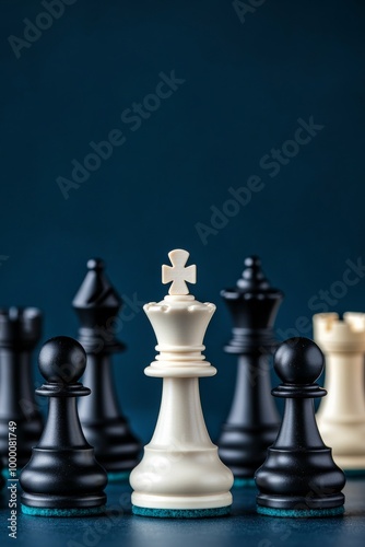 A close-up view of a white chess king surrounded by black chess pieces on a d...