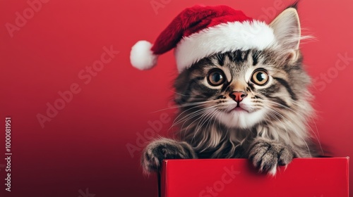 Cute kitten wearing a Santa hat peeking out of a red gift box against a festi...