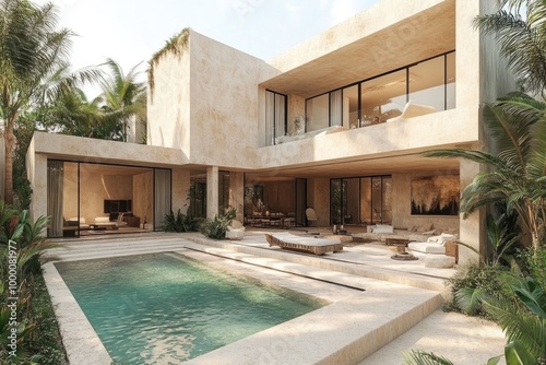 Modern Villa Oasis with Outdoor Pool and Lounge Surrounded by Palm Trees and Elegant Stone Pavilio photo