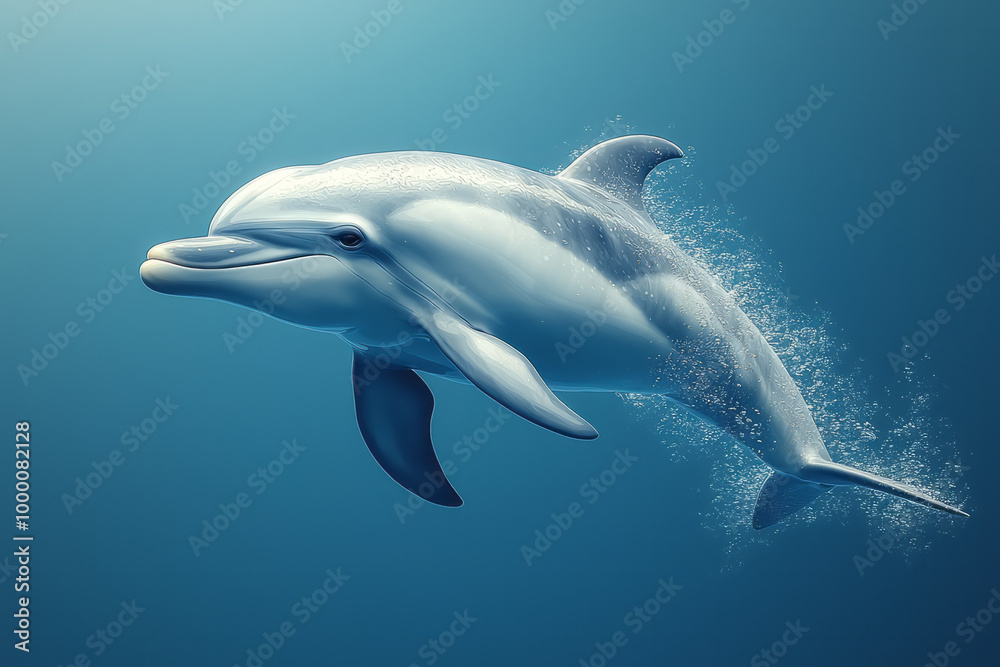 Fototapeta premium A portrait of a dolphin, isolated on a pastel blue background, capturing its playful smile and sleek form,