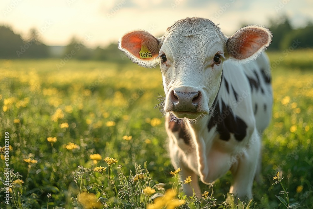 A Cow Grazes Peacefully in a Lush Green Field Under a Clear Blue Sky A Cow Grazes Peacefully in a Lush Green Field Under a Clear Blue Sky