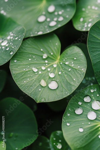 Fresh green leaves with water droplets glistening in the morning sunlight in ...