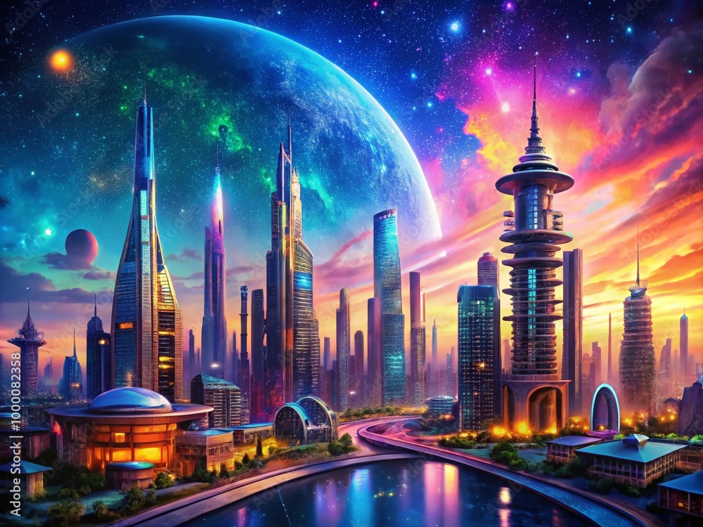 Obraz premium Futuristic City in Space with Advanced Architecture and Vibrant Colors Against a Starry Background