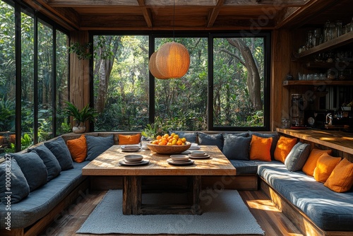 Charming Breakfast Nook with Wooden Table Fresh Fruit and Cozy Greenery for a Perfect Morning Retr