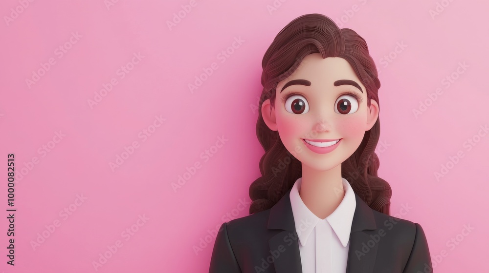 A cartoonish woman with a big smile on her face is wearing a suit A cartoonish woman with a big smile on her face is wearing a suit