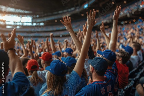 Cheering Fans Fill the Stands of an Empty Baseball Stadium with Enthusiasm and Excitement photo