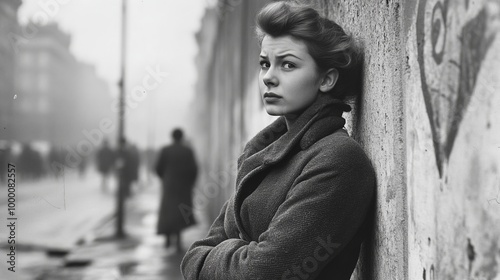 Black and White Portrait of a Woman in a City Street photo