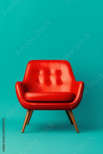 Bold red chair against a bright turquoise background in a minimalist setting
