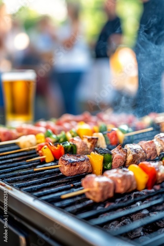 Grilling skewers with colorful vegetables and meat during a sunny afternoon b...