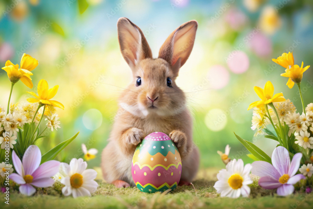 Obraz premium A cheerful bunny holds a colorful Easter egg, surrounded by vibrant flowers in a sunny garden during springtime. Generative AI