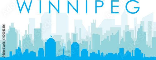 Blue panoramic city skyline poster with bluish misty transparent background buildings of WINNIPEG, CANADA
