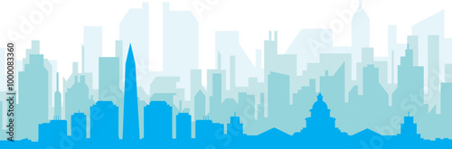 Blue panoramic city skyline poster with bluish misty transparent background buildings of WASHINGTON DC, UNITED STATES