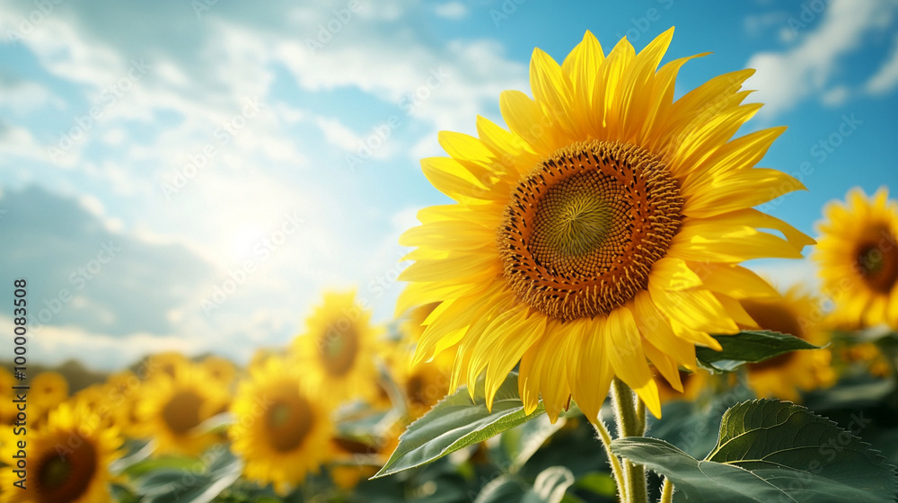 A vibrant photo of a sunflower field in full bloom,
A vibrant photo of a sunflower field in full bloom,