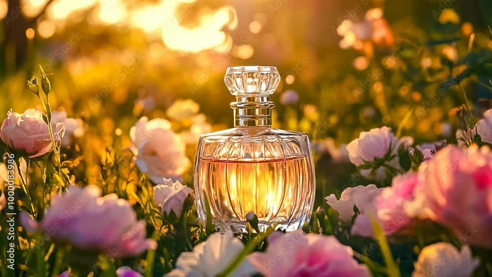 A luxurious glass perfume bottle sits amidst blooming pink flowers in a sunlit garden, capturing the beauty of nature at golden hour. The scene exudes elegance and tranquility. A luxurious glass perfume bottle sits amidst blooming pink flowers in a sunlit garden, capturing the beauty of nature at golden hour. The scene exudes elegance and tranquility.