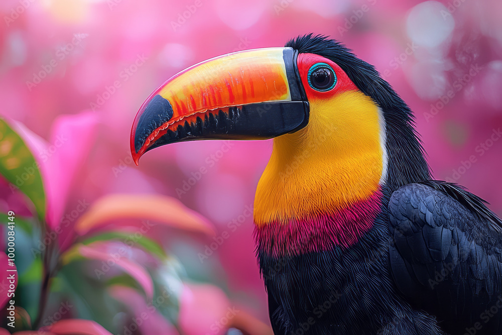 Obraz premium A toucan with its large, colorful beak, isolated on a pastel pink background, symbolizing the beauty of exotic birds,