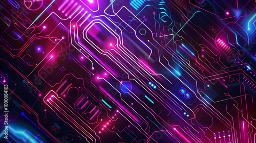 Wallpaper Mural neon circuit board computer technology. digital circuit design with vibrant neon elements on a dark purple background.  Torontodigital.ca