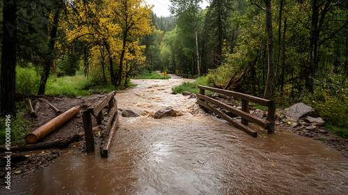 A forest trail completely transformed into a raging river, as flash floods caused by heavy rains rush through photo