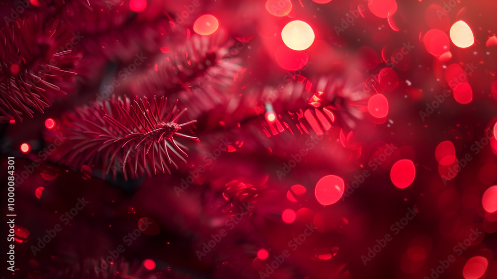 Fototapeta premium Closeup of Pine Christmas Plant with Red Bokeh Lights 