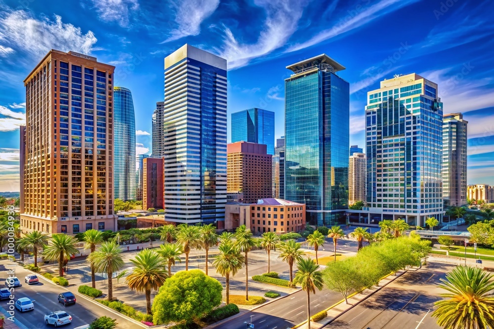 Obraz premium Futuristic Skyscrapers Against a Bright Blue Sky in Phoenix Arizona Showcasing Modern Architecture