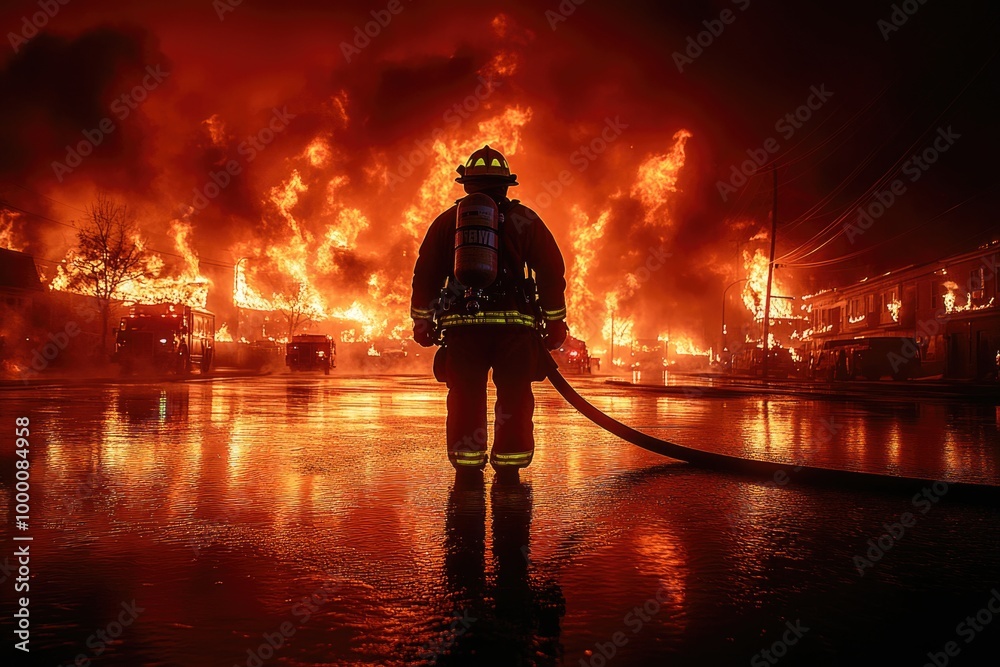 Bravery in Action A Firefighter Battles Flames to Save Lives and Property Amidst Destruction