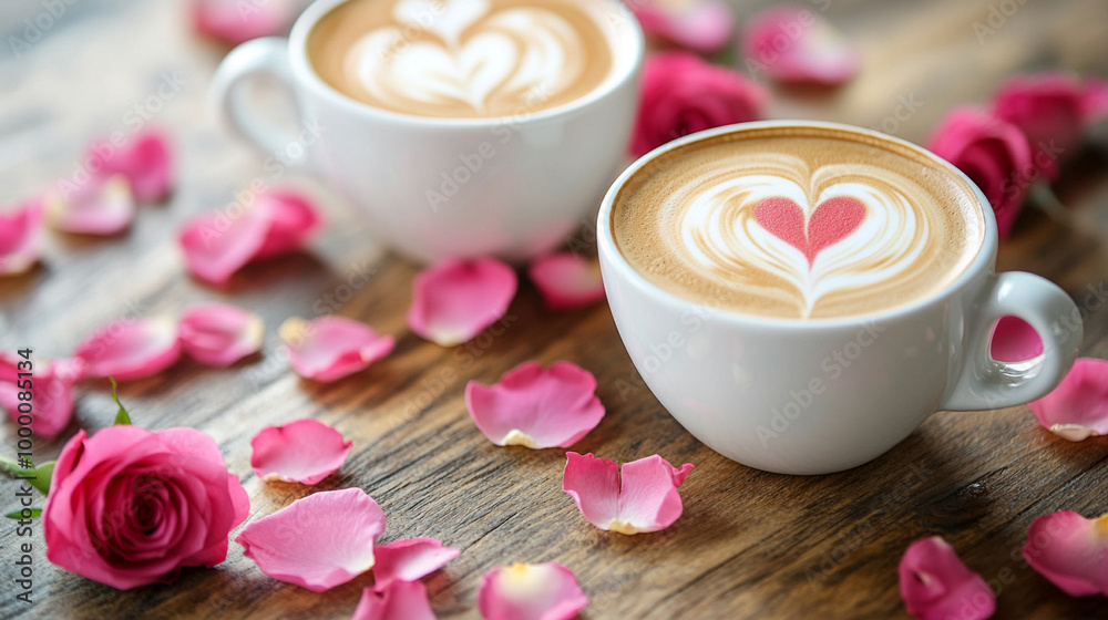photo of two cups of coffee with heart-shaped latte art, placed on a wooden table with scattered petals of pink roses. photo of two cups of coffee with heart-shaped latte art, placed on a wooden table with scattered petals of pink roses.