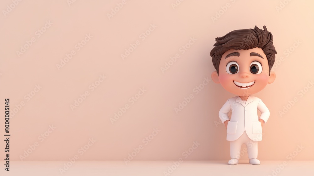 A cartoon boy in a white coat stands in front of a white wall A cartoon boy in a white coat stands in front of a white wall