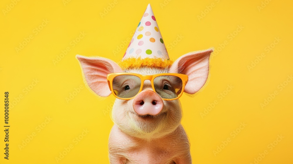 custom made wallpaper toronto digitalAdorably Dressed Pig Wearing Party Hat and Glasses on Yellow Background